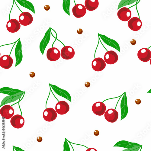 Seamless pattern of ripe cherries, summer vector illustration in cartoon style. Cherries and cherry pips. Bright summer pattern.