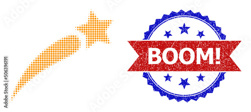 Halftone petard star icon, and bicolor dirty Boom! seal. Halftone petard star icon is designed with small spheric elements. Vector seal with corroded bicolored style,