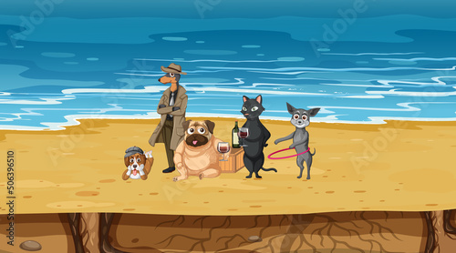 Set of different domestic animals on the beach scene