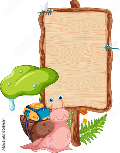 Blank wooden signboard with snail cartoon