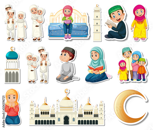 Sticker set of Islamic religious symbols and cartoon characters