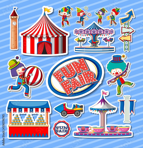 Sticker set of amusement park objects and cartoon characters