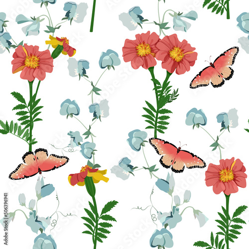 Seamless vector illustration with pink marigolds, sweet pea and butterflies on a white background.