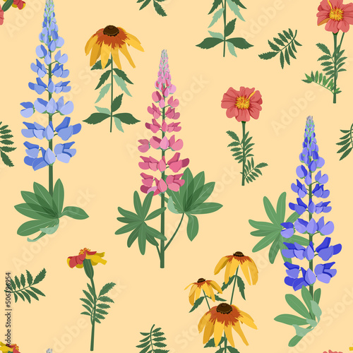 Vector pattern with lupines, marigold and rudbeckia on a beige background.