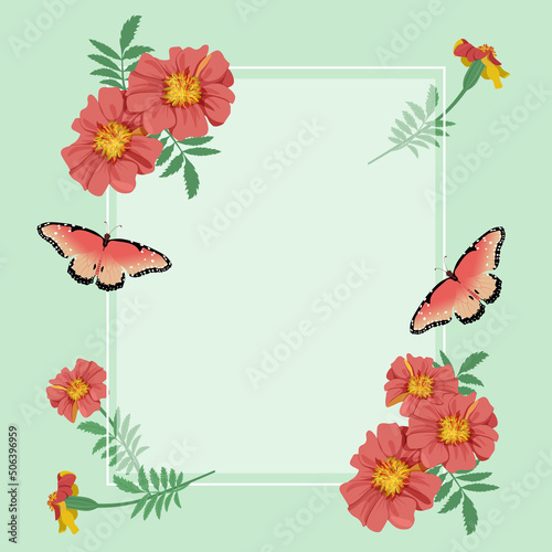 Card with flowers marigold and butterflies  with place for your text