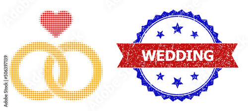 Halftone wedding rings icon, and bicolor rubber Wedding watermark. Halftone wedding rings icon is constructed with small spheric elements. Vector watermark with grunge bicolored style,