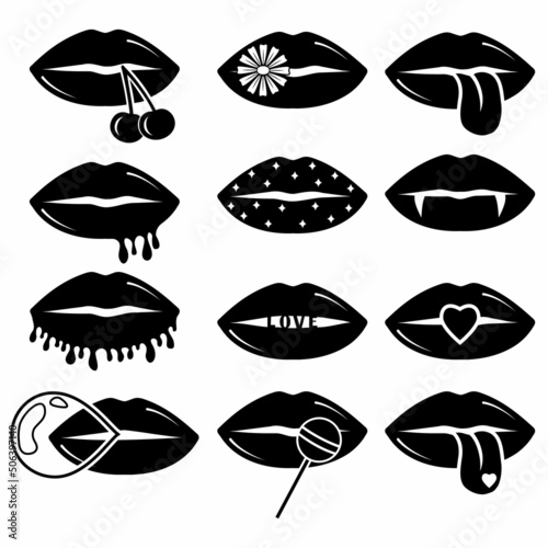 Collection of women's lips. stencil icon, doodle. Vector illustration of sexy woman's lips. Smile, kiss