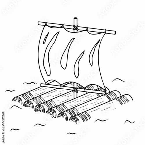 Wooden raft with sail, isolated vector illustration black outline sketch doodle