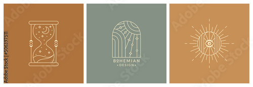Boho logos. Line symbols for magic, esoteric,  psychology, alternative therapy, spiritual, celestial, and others themes. Vector isolated bohemian emblems. Trendy design elements with sun and hourglass