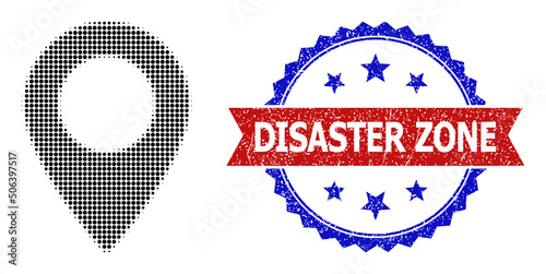 Halftone map sign icon, and bicolor grunge Disaster Zone watermark. Halftone map sign icon is designed with small circle pixels. Vector imprint with grunge bicolored style,