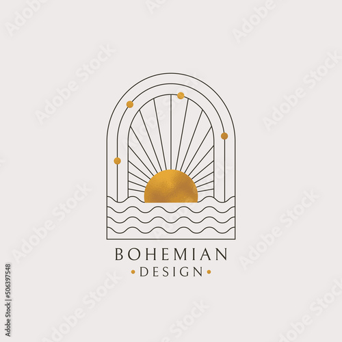 Boho logo. Vector isolated bohemian design with sun and ocean waves. Trendy line emblem with gold texture.