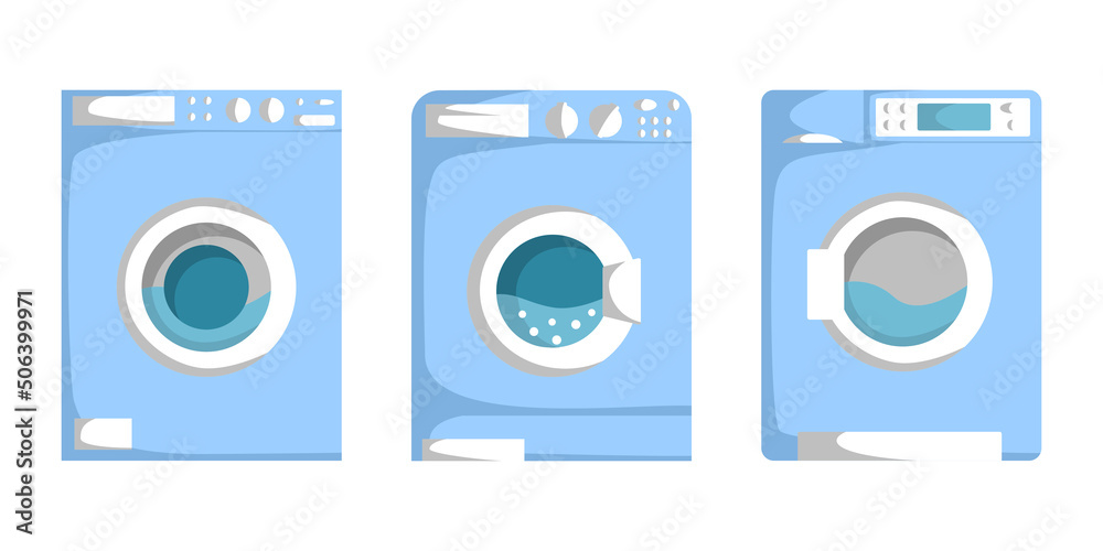 Set of washing machines in flat style. Vector image.	