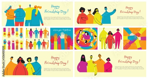 Background with happy diverse hugging people. Concept of friendship day, unity. Celebration or congratulation of multiracial friends.
