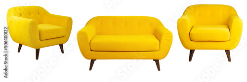 wide yellow upholstered armchair with fabric upholstery on wooden legs in retro style, isolated on a white background photo