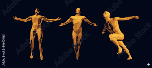 Man spread his arms in different directions. Men floating and hovering in the air. Running man or marathon runner. 3D human body model. Design for sport. Vector illustration composed of particles.