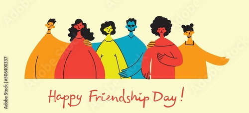 Background with happy diverse hugging people. Concept of friendship day, unity. Celebration or congratulation of multiracial friends.