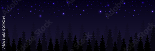 the dark forest above the stars, the silhouette of pine trees. Vector illustration
