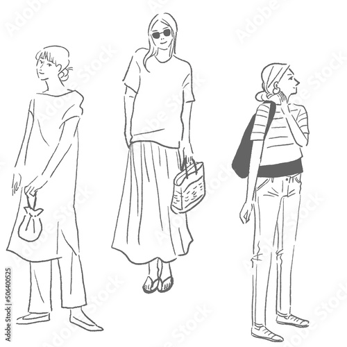 おしゃれな女性の夏服線画ベクターセット