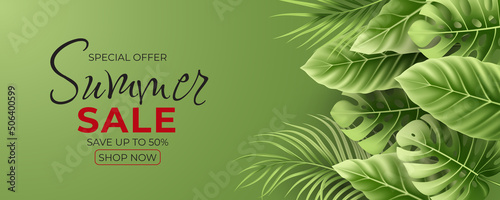 Summer sale banner design with tropical leaves background