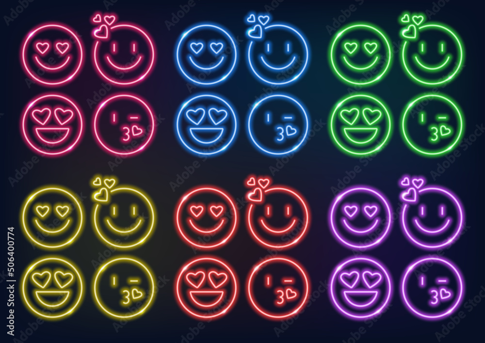 Neon frame. Set of neon emoticons in different colors. Laser glowing lines on a black background. Various smilies. Neon frame. Set of neon emoticons in different colors. Laser glowing lines on a black background. Various smilies.