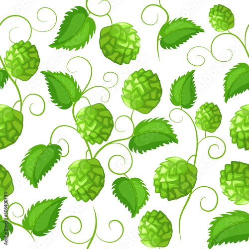 Pattern of fresh green hop in cartoon style. Vector illustration of plants large and small sizes on the crowns with leaves and separately on white background.