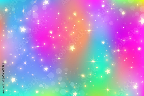 Rainbow unicorn fantasy background with bokeh and stars. Holographic bright multicolored sky. Vector.