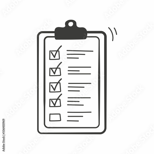 Checklist doodle icon. Hand drawn clipboard template vector illustration