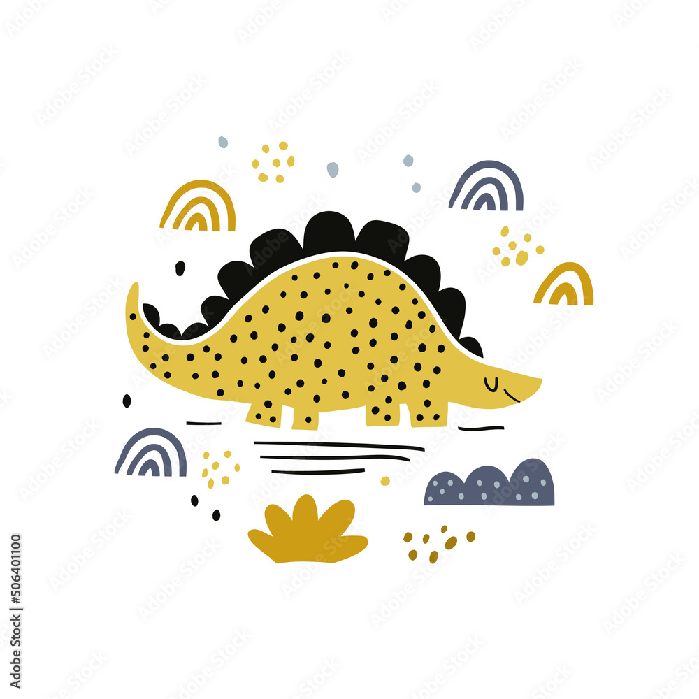 illustration of the dinosaur with roar sign, clouds, sky, rainbows. Kids illustration for posters, prints, t shirt design on white illustration of the dinosaur with roar sign, clouds, sky, rainbows. Kids illustration for posters, prints, t shirt design on white
