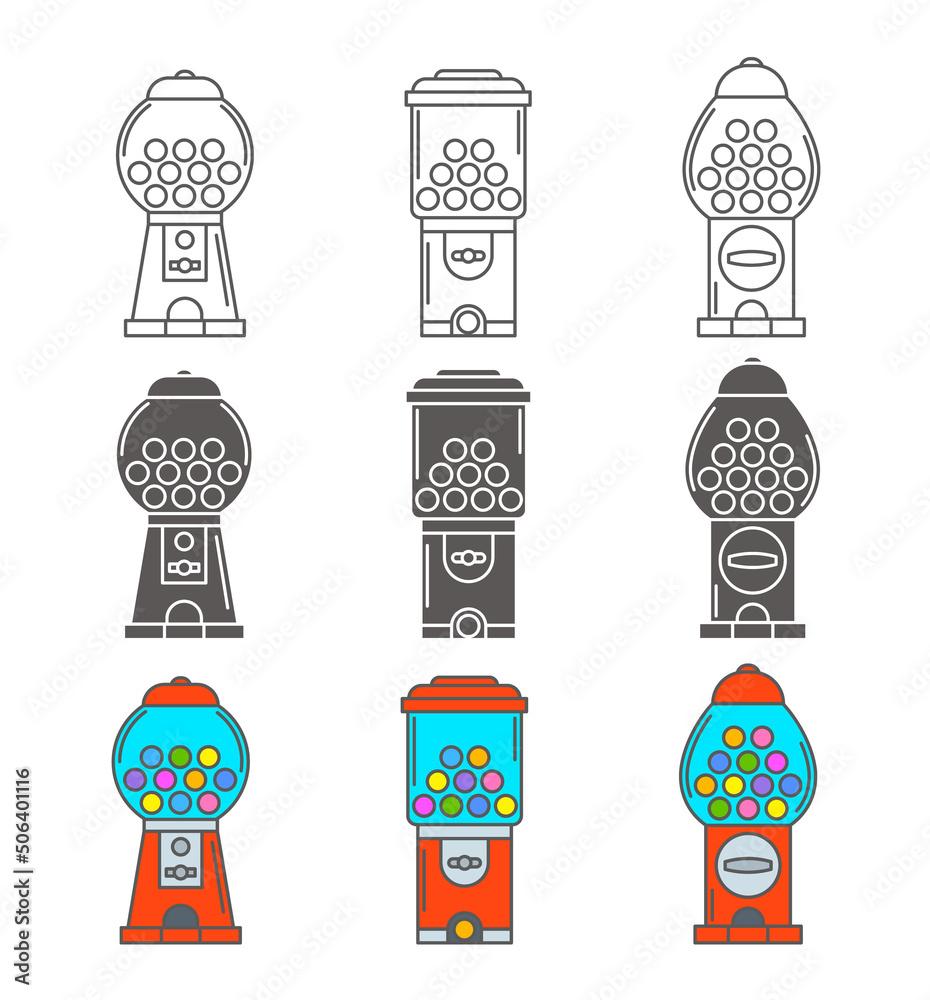 Fototapeta premium Gumball machine icon set. Retro vending dispenser for candies and bubblegums. Sweets slot vector illustration isolated on white background