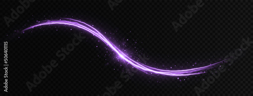 Purple sparkle waves with light effect isolated on transparent background. Shimmering magic dust particles. Glittering bright dust trail.