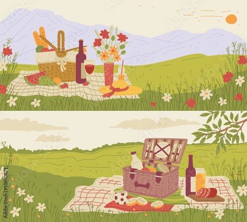 Summer outdoor BBQ party and picnic horizontal banners flat vector illustration.