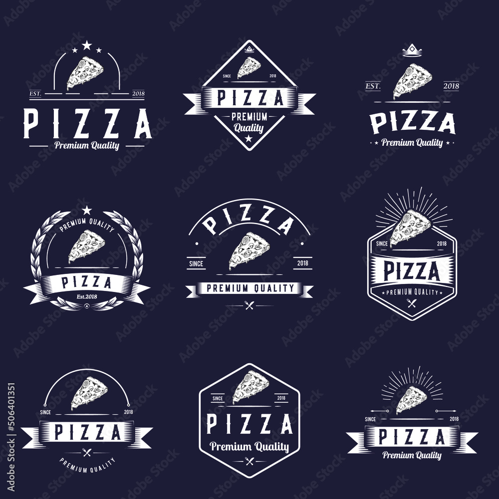 Pizza logo design, retro badge white icon, hipster emblem fast food illustration. Classic, vintage pizzeria 9 sign collection
