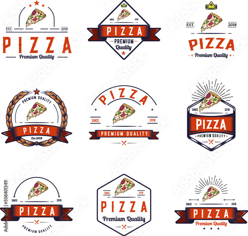 Pizza logo design, retro colored badge, hipster emblem fast food illustration. Classic, vintage pizzeria 9 sign collection