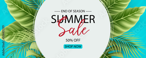 Summer sale banner design with tropical leaves background
