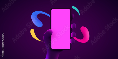 Cute cartoon hand holding mobile smart phone. Phone mockup. Color explosion. Touching screen with finger.