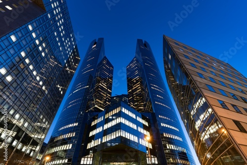 Photography Office buildings in Paris business district La Defense at night