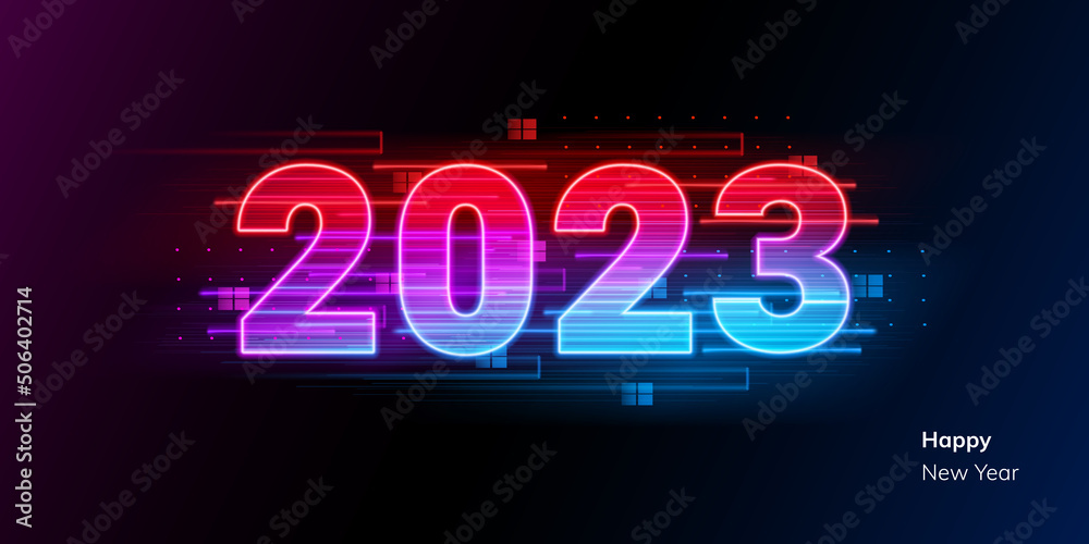 Happy new year 2023 future metaverse neon text neon with metal effect, numbers and futurism lines. Vector greeting card, banner, congratulation poster 3d illustration. Modern trendy electronic light