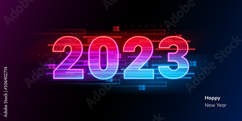 Happy new year 2023 future metaverse neon text neon with metal effect, numbers and futurism lines. Vector greeting card, banner, congratulation poster 3d illustration. Modern trendy electronic light