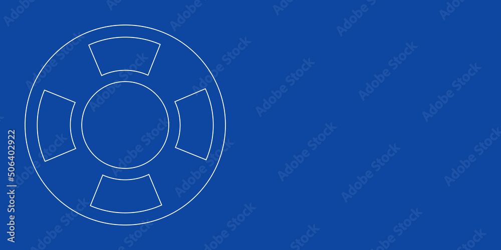 A large white outline lifebuoy symbol on the left. Designed as thin white lines. Vector illustration on blue background A large white outline lifebuoy symbol on the left. Designed as thin white lines. Vector illustration on blue background