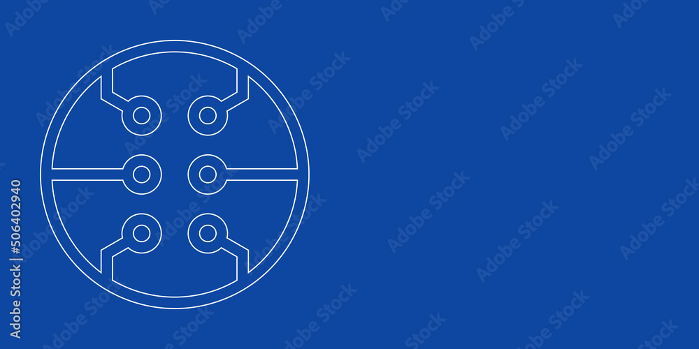 A large white outline microcircuit symbol on the left. Designed as thin white lines. Vector illustration on blue background A large white outline microcircuit symbol on the left. Designed as thin white lines. Vector illustration on blue background