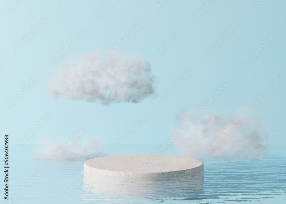 Podium standing in water, with clouds, on blue background. Beautiful mock up for product, cosmetic presentation. Pedestal or platform for beauty products. Empty scene, stage. 3D rendering.