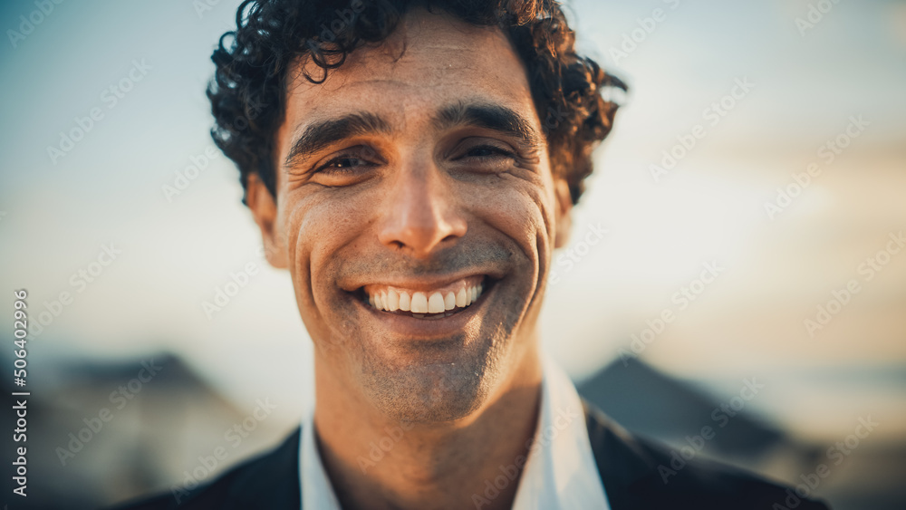 Close Up Portrait of a Happy Young Adult Male with Curly Hair and Brown ...