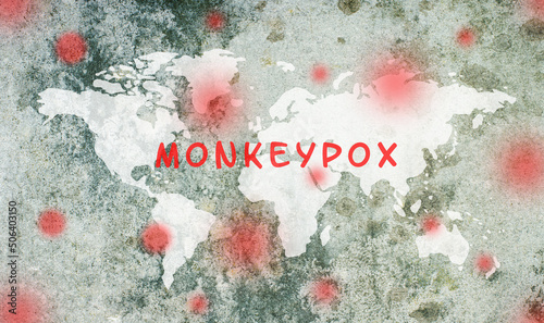 World map, monkeypox is standing on the textured background, outbreak of the MPXV virus, infectious disease spreading, pandemic
 photo