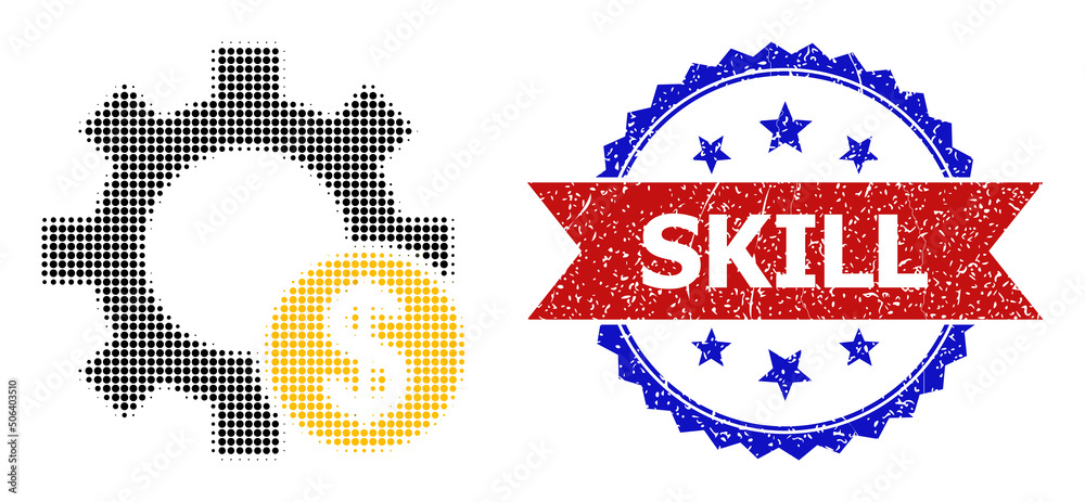 Halftone gear price icon, and bicolor unclean Skill seal. Halftone gear price icon is designed with small spheric dots. Vector seal with corroded bicolored style, Halftone gear price icon, and bicolor unclean Skill seal. Halftone gear price icon is designed with small spheric dots. Vector seal with corroded bicolored style,
