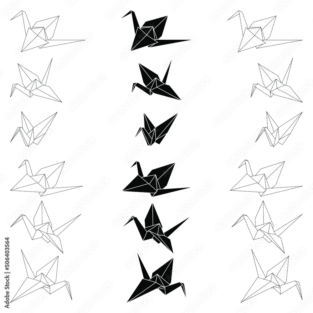 Set of origami crane vector outline, silhouette and dashed illustration icon isolated on white background. Japanese traditional origami crane for infographic, website or app. Set of origami crane vector outline, silhouette and dashed illustration icon isolated on white background. Japanese traditional origami crane for infographic, website or app.