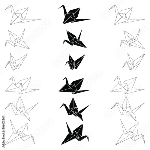 Set of origami crane vector outline  silhouette and dashed illustration icon isolated on white background. Japanese traditional origami crane for infographic  website or app.