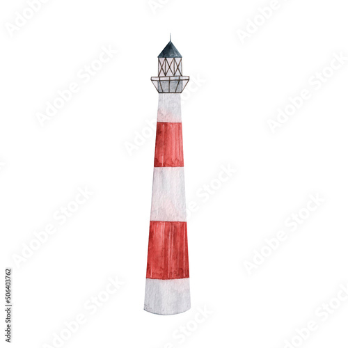 Watercolor drawing lighthouse isolated on white background. Marine building.