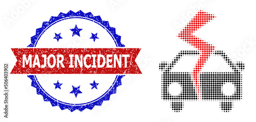 Halftone car crash icon, and bicolor grunge Major Incident seal stamp. Halftone car crash icon is made with small round dots. Vector seal with grunge bicolored style,