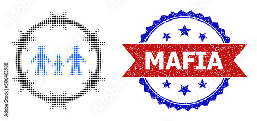 Halftone family arrest icon, and bicolor rubber Mafia seal stamp. Halftone family arrest icon is designed with small spheric items. Vector seal with grunge bicolored style,