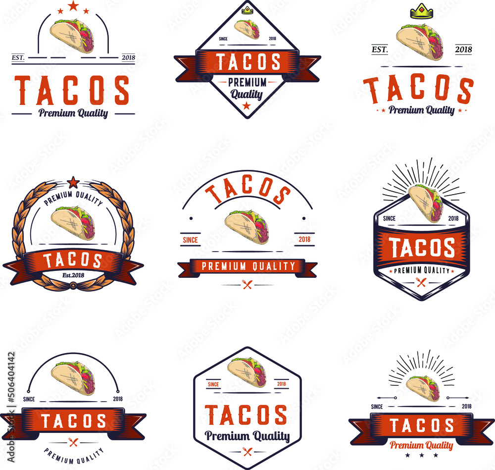 Taco logo design, retro colored badge, hipster emblem fast food illustration. Classic, vintage Tacos 9 sign collection